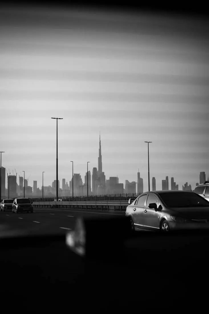 Dubai skyline at dusk, cinematic still by Okan Pictures