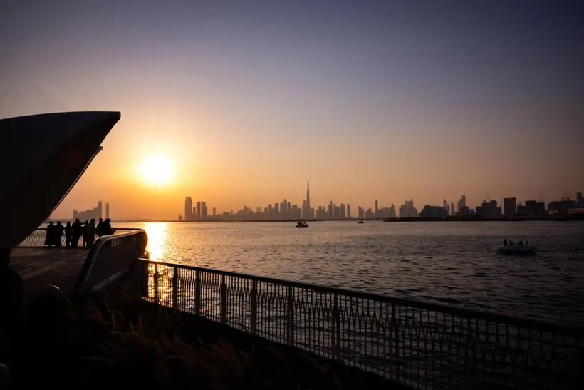 Dubai skyline at golden hour, cinematic videography still